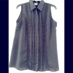 NWOT. CAbi  black button up blouse w/ lace details on front and back .